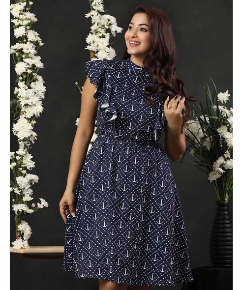 Round Neck Frilled Printed Dress